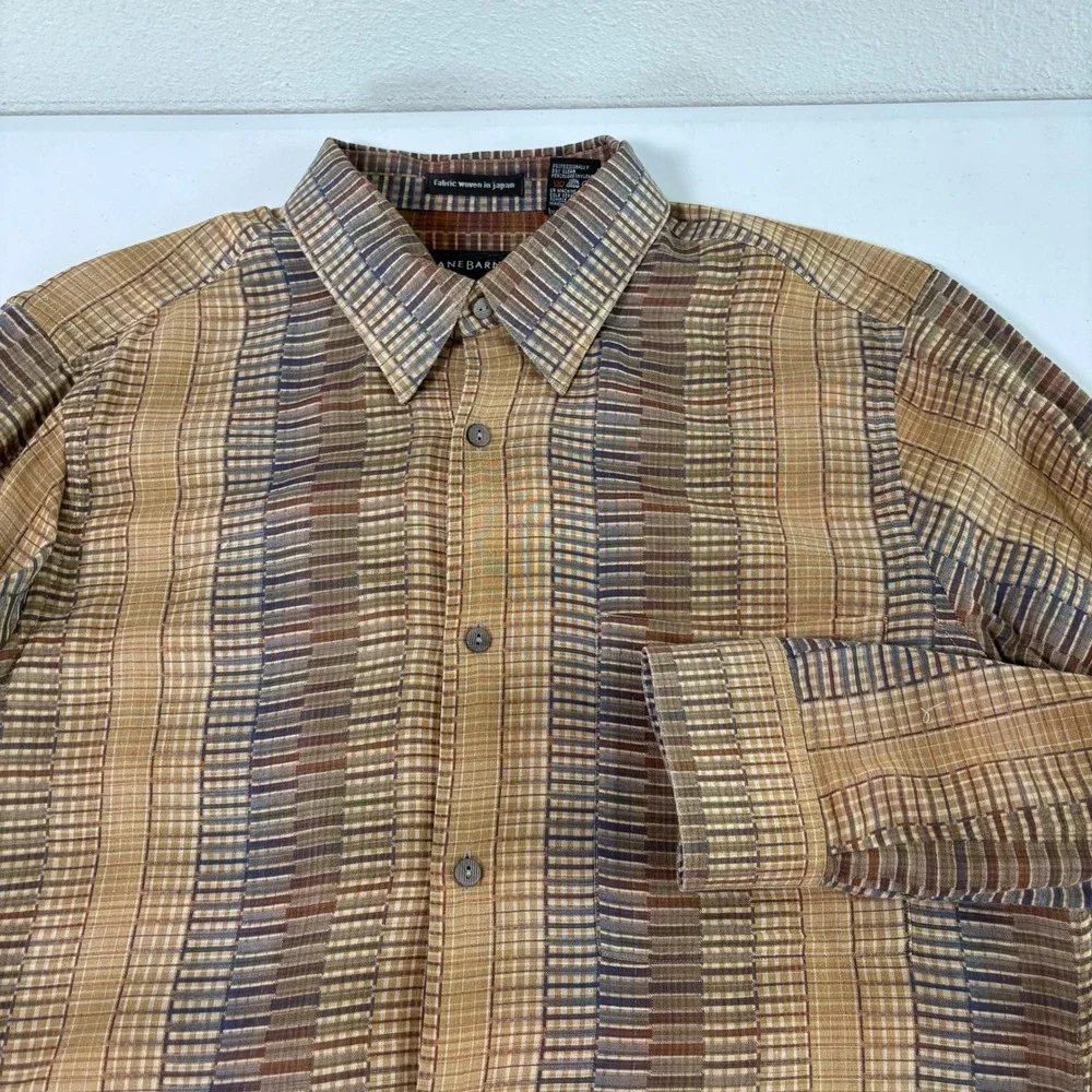 Jhane Barnes Button Down Shirt Mens L Brown Woven In Japan Cotton Stripes